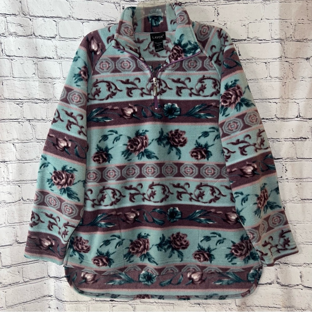 Lavon Vintage Y2K 1/4 Zip Fleece Pullover Roses Design Size Large